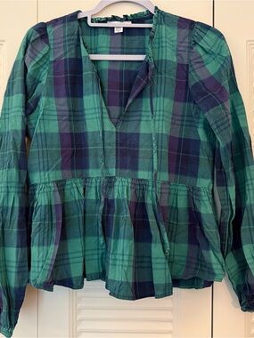 American eagle Plaid Green and Navy Peplum Women's Top